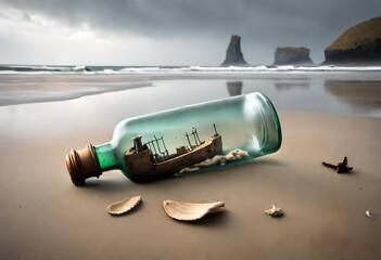 A weathered message in a bottle washed ashore on a desolate beach, the remnants of a shipwreck looming ominously in the misty background
