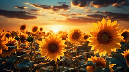 A field of sunflowers with the setting sun in the background