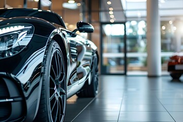 Closeup of a sleek black car parked in a luxury showroom highlighting the elegance and modernity of the vehicle. Concept Luxury Cars, Showroom Display, Black Car, Elegance, Modernity - obrazy, fototapety, plakaty