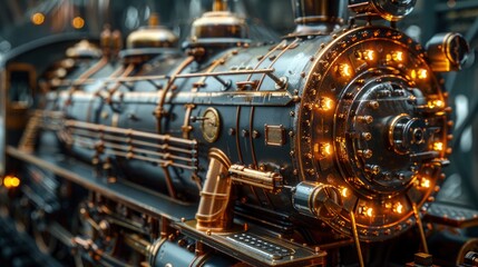 A detailed image of a classic, steam locomotive engine, its metal surfaces and components highlighted by the lighting - obrazy, fototapety, plakaty