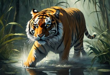 A majestic tiger prowls through the murky waters of a swamp, its powerful presence illuminated by the soft light filtering through the dense foliage. - obrazy, fototapety, plakaty