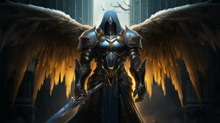 Fotobehang Militant Guardian angel with huge wings dressed like a knight and with a sword  © Inna