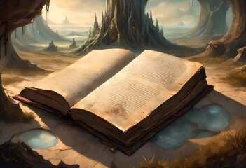 An ancient tome lies open in a surreal landscape, its weathered pages revealing secrets of bygone...