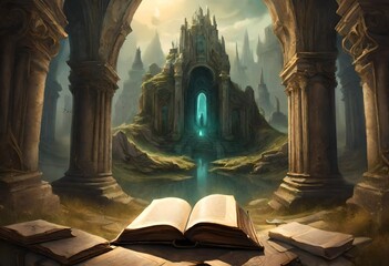 An ancient tome lies open in a surreal landscape, its weathered pages revealing secrets of bygone eras amidst an otherworldly aura - obrazy, fototapety, plakaty
