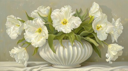  a painting of white tulips in a white vase on a white cloth with a light brown wall in the background.
