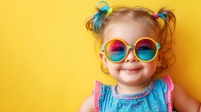 A baby wearing sunglasses and a blue shirt. baby is smiling and looking at the camera. a playful mood. Picture of nice cheerful cute baby in big fashionable colorful glasses having fun good mood