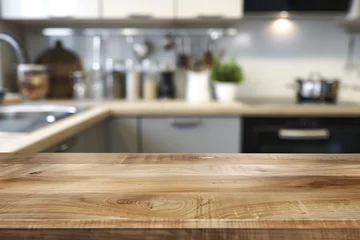 Foto op Plexiglas Empty beautiful wood tabletop counter on interior in clean and bright kitchen background, Ready for display of or product montage. with blur subject style photo stock lens © gamespirit