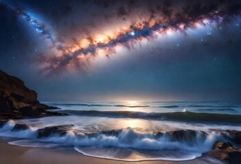Fototapeta na wymiar A mesmerizing view of starlight dancing over calm ocean waves under the Milky Way galaxy's ethereal glow.