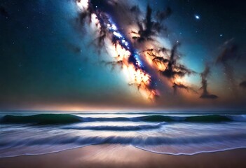 Fototapeta na wymiar A mesmerizing view of starlight dancing over calm ocean waves under the Milky Way galaxy's ethereal glow.