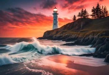 Rolgordijnen A picturesque lighthouse standing tall against the backdrop of a vibrant sunset, perfectly framed to grace your Mac wallpaper with natural beauty © Muhammad Faizan