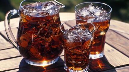  a pitcher and two glasses of ice tea sitting on a wooden table with ice cubes on top of it.