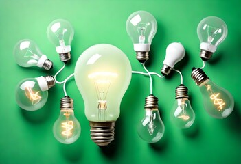 Perpetual motion with light bulbs and energy saver bulb. Idea concept on green background. - obrazy, fototapety, plakaty