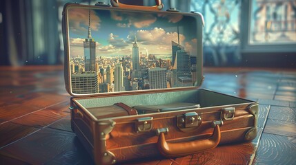 A briefcase opening to reveal a city skyline, business opportunities - obrazy, fototapety, plakaty