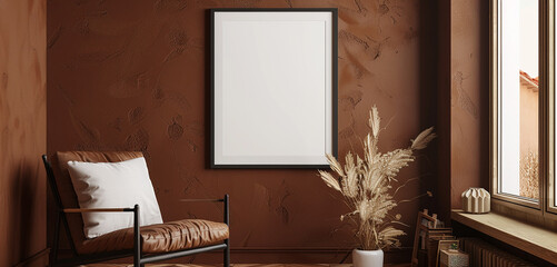 A classic black frame mockup against a rich chocolate brown backdrop, exuding warmth and...