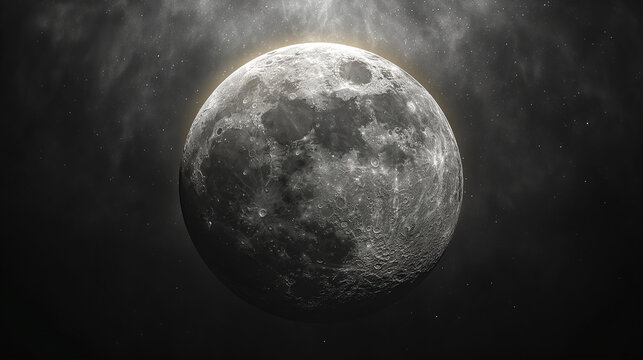 Black and white photo of moon on the sky. Selective focus. Copy space. Abstract planet background. 