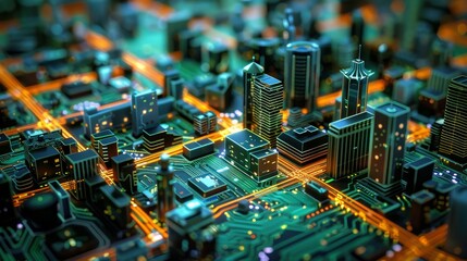 A city made of circuit boards, showcasing a digital metropolis