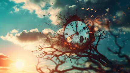 A clock melting over the branches of a tree, surreal time concept - obrazy, fototapety, plakaty