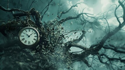 A clock melting over the branches of a tree, surreal time concept