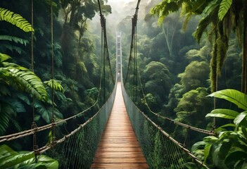A suspension bridge spanning through the lush canopy of the rainforest in the heart of the Amazon,...