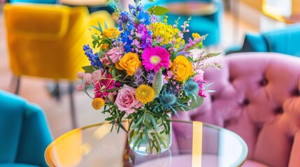  a vase filled with lots of colorful flowers sitting on top of a table next to a blue chair and a pink chair.