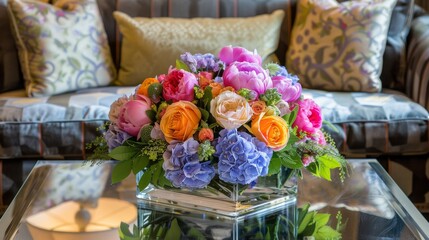  a vase filled with colorful flowers sitting on top of a glass table next to a couch with pillows on it.