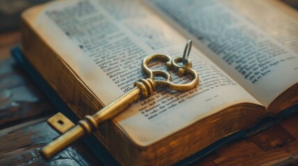 Fototapeta premium A golden key unlocking a book, the key to knowledge in business