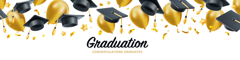 Vector illustration of graduate cap and flying golden air ballons. Caps thrown up and air ballons pattern. 3d style design of congratulation graduates 2024 class with graduation hat and word - obrazy, fototapety, plakaty