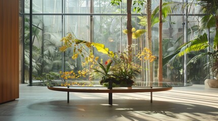  a glass table with a bunch of plants on top of it in a room with a lot of glass walls.