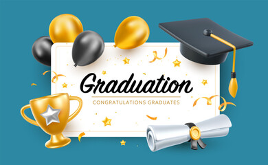 Vector illustration of graduate cap and word graduation on background with diploma paper scroll with seal. 3d style design of congratulation graduates 2024 class with graduation hat with winner cup