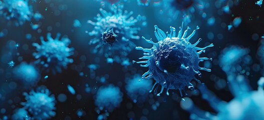 Floating blue virus shapes in a dark 3D rendered conceptual art