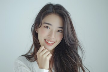 Fototapeta premium Portrait of a Radiant Korean Woman Smiling in a grey Studio Backdrop