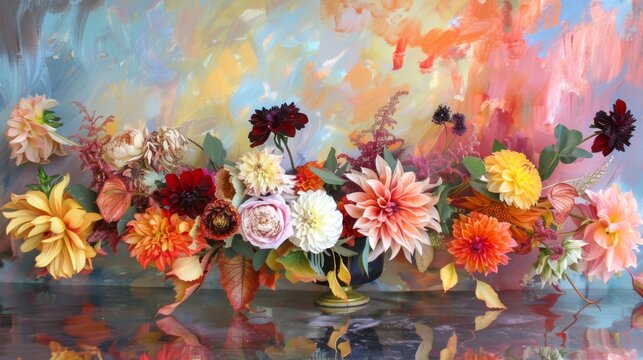  a painting of a bunch of flowers in a vase on a table with a reflection of the vase on the table.