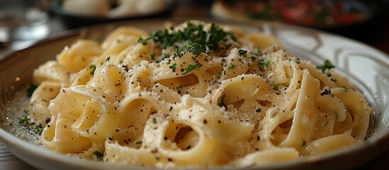 Plate with creamy cheese pasta with parmesan, spices and herbs. Italian food, dish, meal, dinner. 