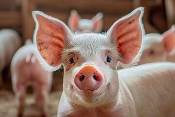 Cute piglet with large ears and pink nose in a farm pen
