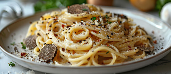 Plate with truffle pasta with parmesan cheese. Italian food, dish, meal, dinner. 