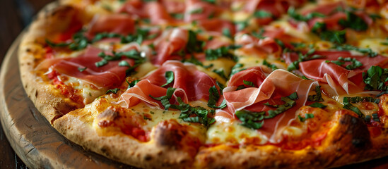 Delicious sliced prosciutto pizza with tomato sauce, cheese, ham and basil. Italian food, dish, meal, snack, dinner, lunch.