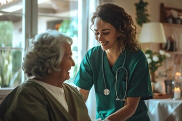 Smiling nurse in green scrubs chats with elderly woman at home