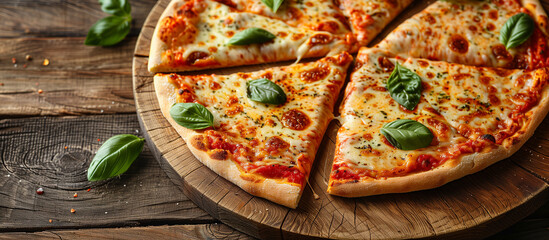 Sliced delicious neapolitan marcherita pizza with tomato sauce, cheese and basil. Italian food, dish, meal, snack, dinner, lunch. 