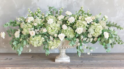  a vase filled with lots of white flowers on top of a wooden table with greenery on top of it.