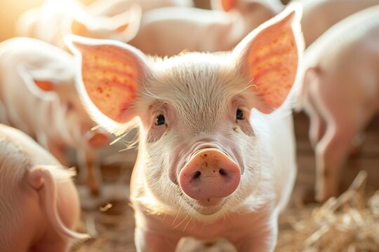 Cute piglet with large ears and pink nose in a farm pen