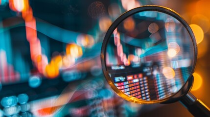 A magnifying glass focusing on a market report, detailed analysis