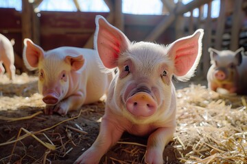 A gentle piglet looks at the camera, surrounded by a farm scene