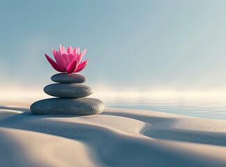 Balanced stack of smooth stones with a pink lotus flower on sand