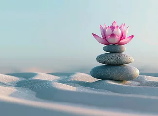 Photo sur Aluminium Pierres dans le sable Balanced stack of smooth stones with a pink lotus flower on sand