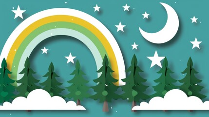  a paper cut out of a rainbow and trees with stars and the moon in the sky above the trees on a blue background.