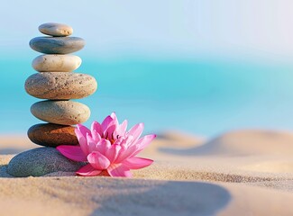 Fototapeta na wymiar Balanced stack of smooth stones with a pink lotus flower on sand