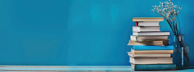 Blue background highlights a stack of books on an empty desk - Powered by Adobe