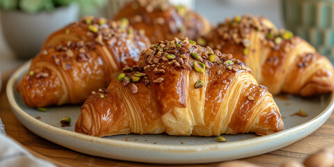 Fresh baked pistachio croissants. Delicious french breakfast. Pastry food.