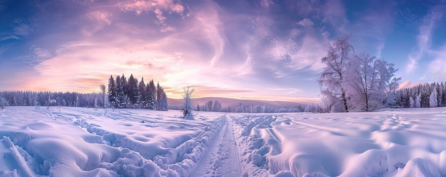 Panoramic view of snowy landscape under a purple sky at sunset