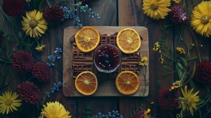  a wooden tray topped with sliced oranges and a glass of juice surrounded by flowers and wildflowers on a wooden surface.